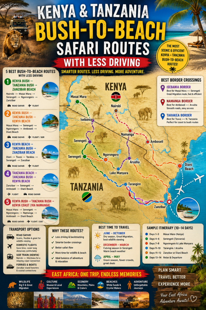 Best Kenya & Tanzania Bush-to-Beach Safari Routes With Less Driving (2026 Guide)-Mara Triangle Safaris