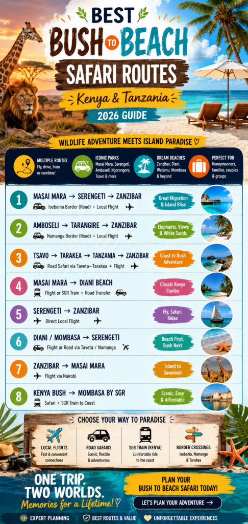 Kenya & Tanzania Bush to Beach Safari Routes (2026)  Best Travel Combinations- Mara Triangle Safaris